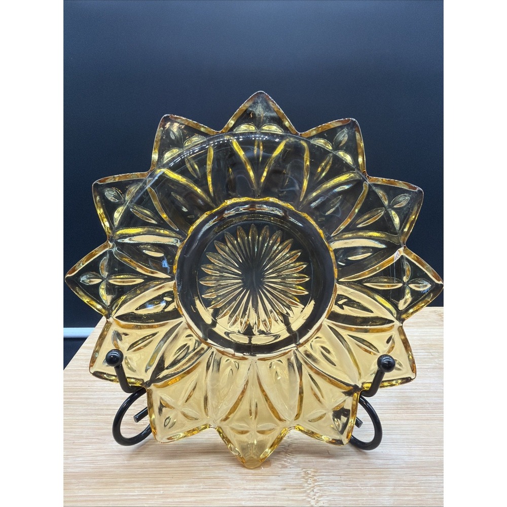 Vintage Federal Glass 12 pt starburst sunflower dish Amber 6"